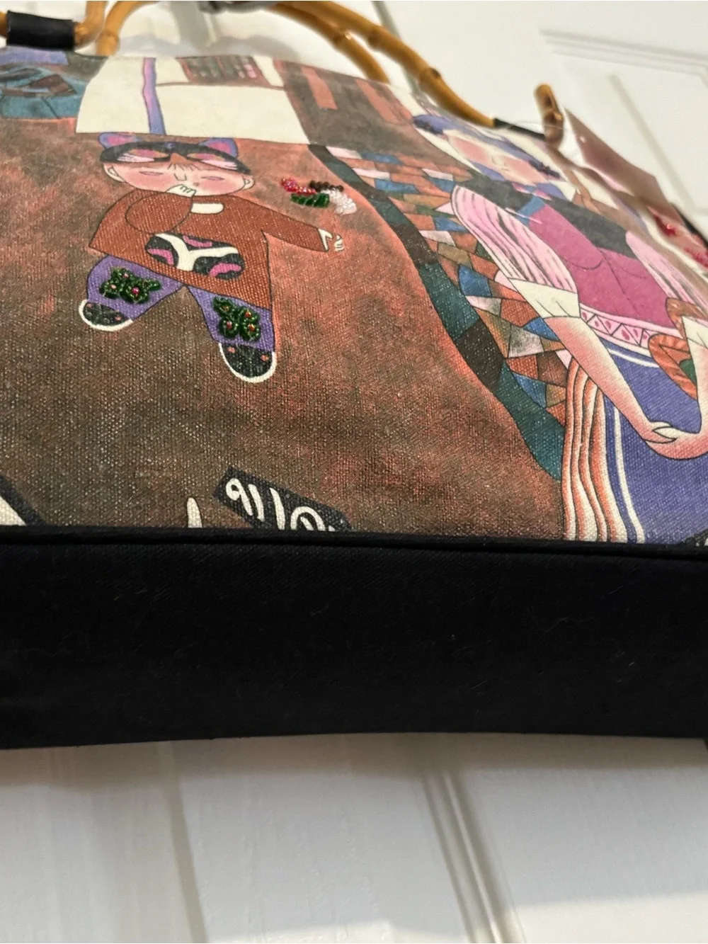 NWT Vintage 90s Chico's Multi-Color Artist Print Tote Bamboo Handle Boho